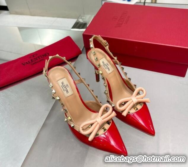 Perfect Valentino Rockstud Slingback Pumps 9.5cm with Bow in Patent Calfskin Red 328020