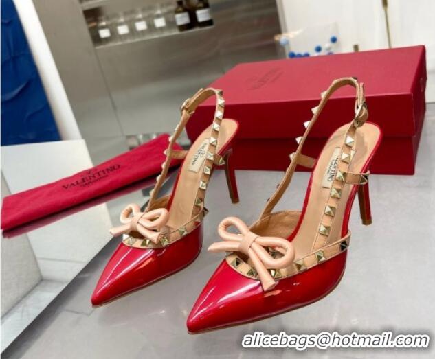 Perfect Valentino Rockstud Slingback Pumps 9.5cm with Bow in Patent Calfskin Red 328020