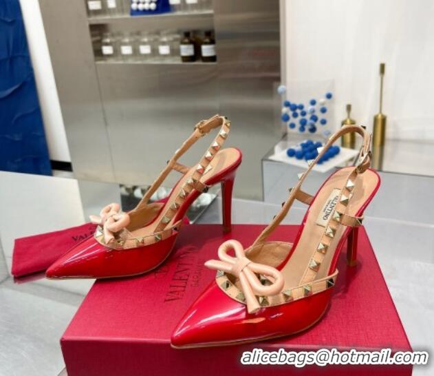 Perfect Valentino Rockstud Slingback Pumps 9.5cm with Bow in Patent Calfskin Red 328020