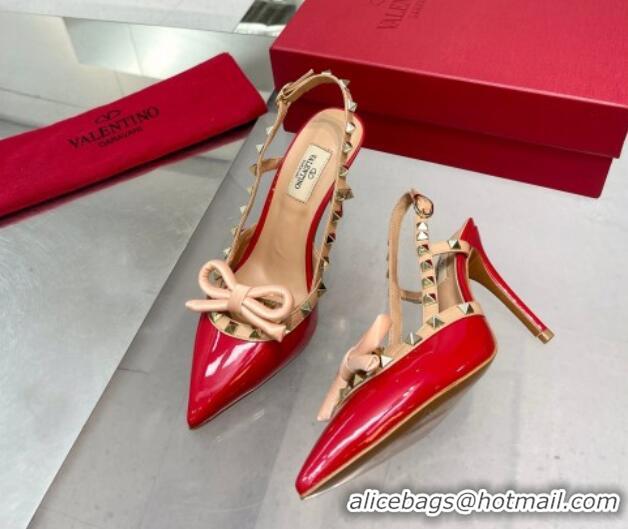 Perfect Valentino Rockstud Slingback Pumps 9.5cm with Bow in Patent Calfskin Red 328020