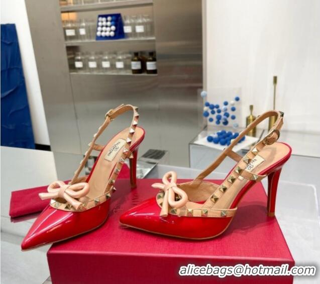 Perfect Valentino Rockstud Slingback Pumps 9.5cm with Bow in Patent Calfskin Red 328020