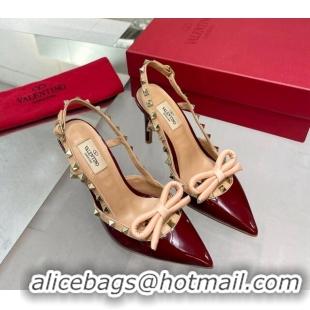 Cheap Price Valentino Rockstud Slingback Pumps 9.5cm with Bow in Patent Calfskin Burgundy 328021