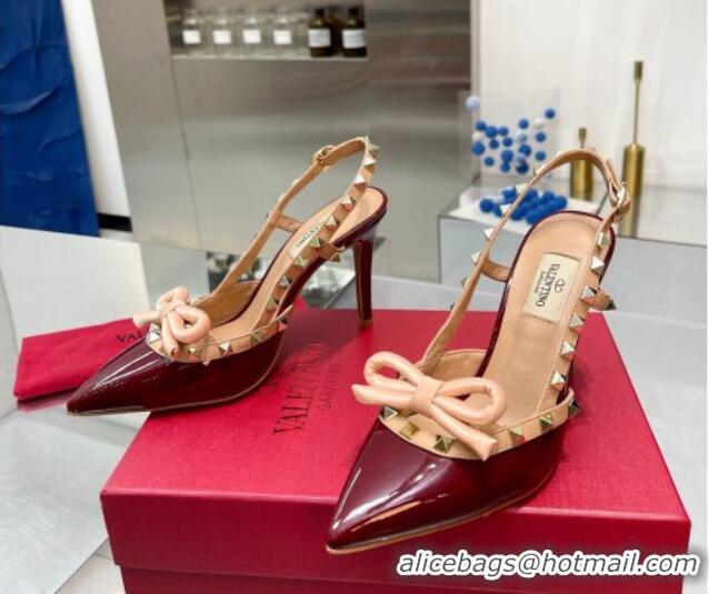 Cheap Price Valentino Rockstud Slingback Pumps 9.5cm with Bow in Patent Calfskin Burgundy 328021