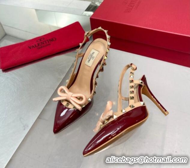 Cheap Price Valentino Rockstud Slingback Pumps 9.5cm with Bow in Patent Calfskin Burgundy 328021