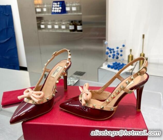 Cheap Price Valentino Rockstud Slingback Pumps 9.5cm with Bow in Patent Calfskin Burgundy 328021