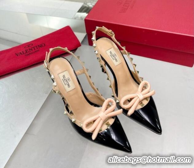 Hot Style Valentino Rockstud Slingback Pumps 9.5cm with Bow in Patent Calfskin Black/Gold 328022