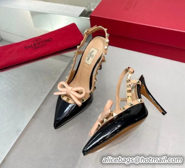 Hot Style Valentino Rockstud Slingback Pumps 9.5cm with Bow in Patent Calfskin Black/Gold 328022