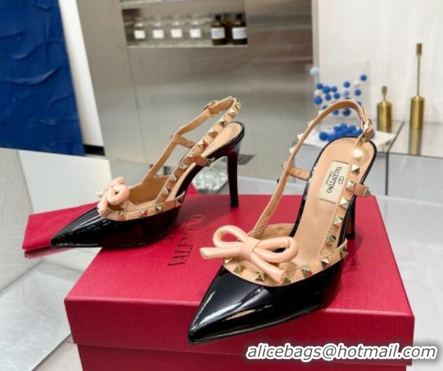 Hot Style Valentino Rockstud Slingback Pumps 9.5cm with Bow in Patent Calfskin Black/Gold 328022