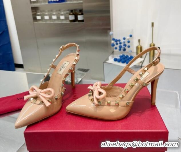 Stylish Valentino Rockstud Slingback Pumps 9.5cm with Bow in Patent Calfskin Nude 328023