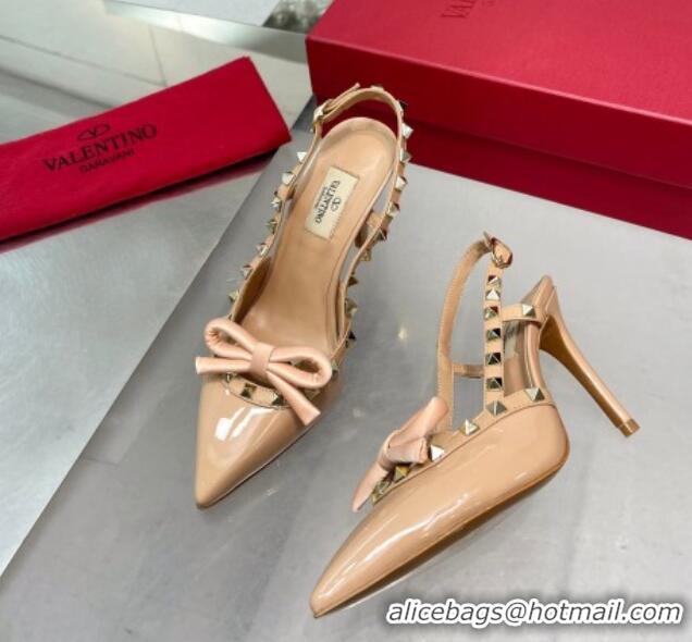 Stylish Valentino Rockstud Slingback Pumps 9.5cm with Bow in Patent Calfskin Nude 328023