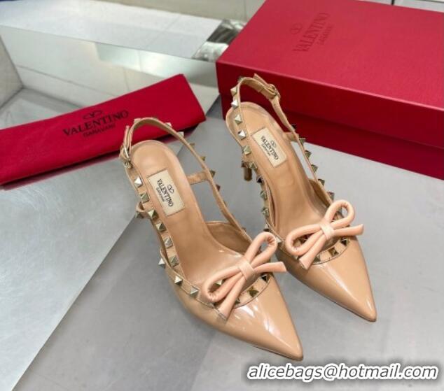 Stylish Valentino Rockstud Slingback Pumps 9.5cm with Bow in Patent Calfskin Nude 328023