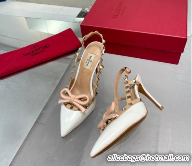 Best Price Valentino Rockstud Slingback Pumps 9.5cm with Bow in Patent Calfskin White 328024