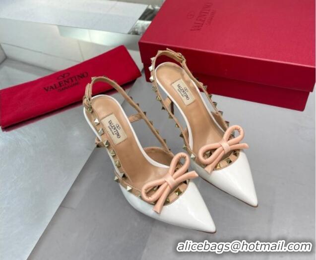 Best Price Valentino Rockstud Slingback Pumps 9.5cm with Bow in Patent Calfskin White 328024