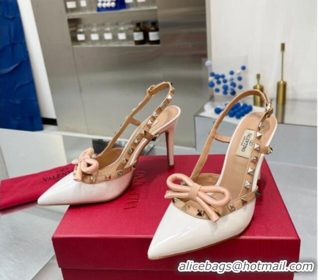 Best Price Valentino Rockstud Slingback Pumps 9.5cm with Bow in Patent Calfskin White 328024