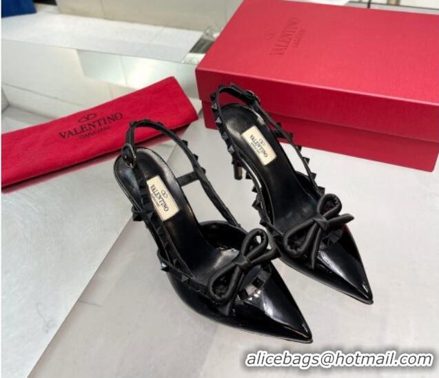 Sumptuous Valentino Rockstud Slingback Pumps 9.5cm with Bow in Patent Calfskin All Black 328025