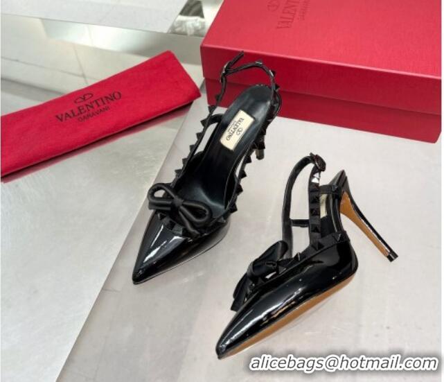 Sumptuous Valentino Rockstud Slingback Pumps 9.5cm with Bow in Patent Calfskin All Black 328025