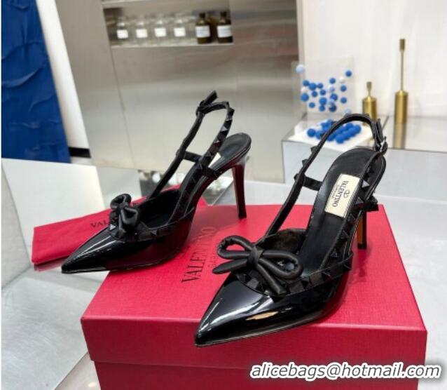 Sumptuous Valentino Rockstud Slingback Pumps 9.5cm with Bow in Patent Calfskin All Black 328025