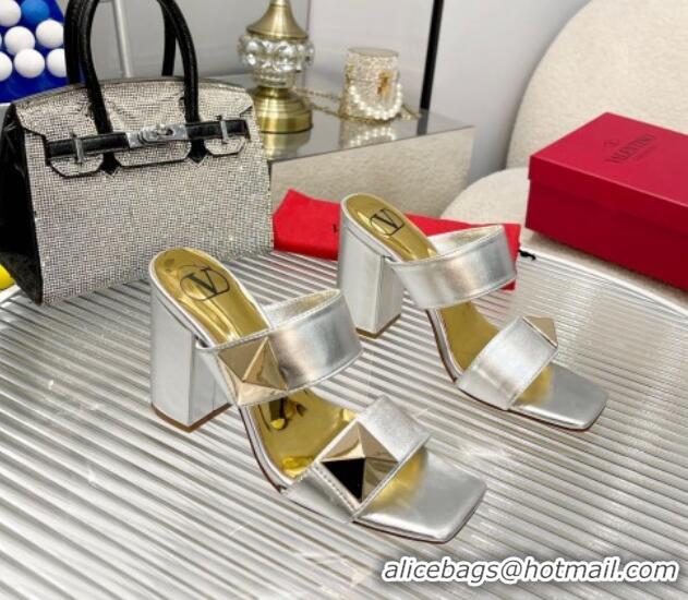 Purchase Valentino One Stud Calfskin Heel Slide Sandals 8.5cm Silver 429023