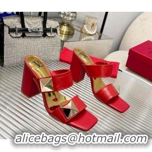 Sophisticated Valentino One Stud Calfskin Heel Slide Sandals 8.5cm Red 429024