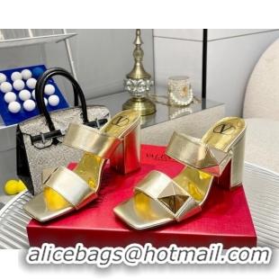 Classic Hot Valentino One Stud Calfskin Heel Slide Sandals 8.5cm Gold 429027