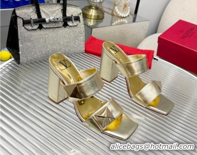 Classic Hot Valentino One Stud Calfskin Heel Slide Sandals 8.5cm Gold 429027