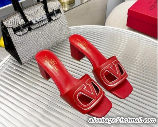 Best Price Valentino VLogo Cut-out Calfskin Heel Slide Sandals 7cm Red 429044