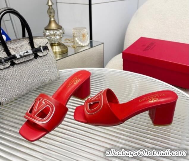 Best Price Valentino VLogo Cut-out Calfskin Heel Slide Sandals 7cm Red 429044