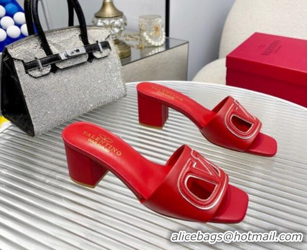 Best Price Valentino VLogo Cut-out Calfskin Heel Slide Sandals 7cm Red 429044