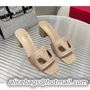 Good Quality Valentino VLogo Cut-out Calfskin Heel Slide Sandals 7cm Beige 429047