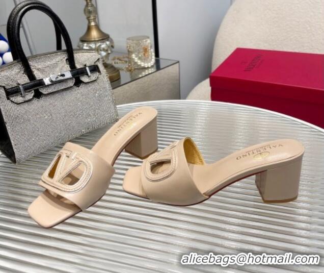 Good Quality Valentino VLogo Cut-out Calfskin Heel Slide Sandals 7cm Beige 429047