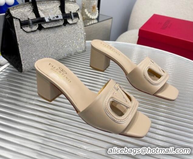 Good Quality Valentino VLogo Cut-out Calfskin Heel Slide Sandals 7cm Beige 429047