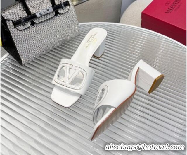 Pretty Style Valentino VLogo Cut-out Calfskin Heel Slide Sandals 7cm White 429048