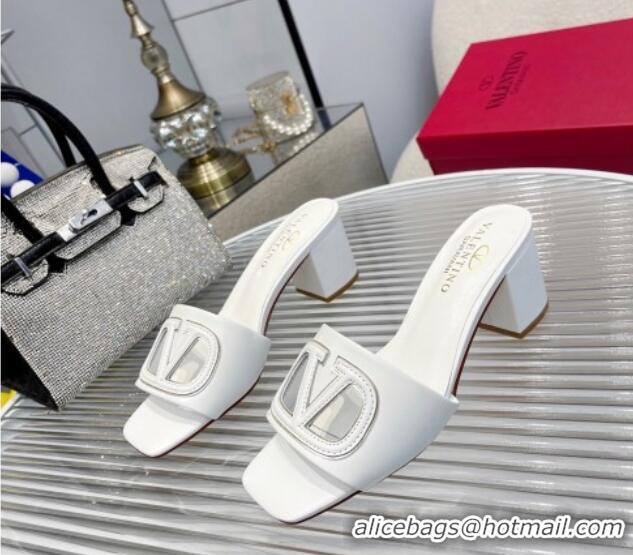 Pretty Style Valentino VLogo Cut-out Calfskin Heel Slide Sandals 7cm White 429048