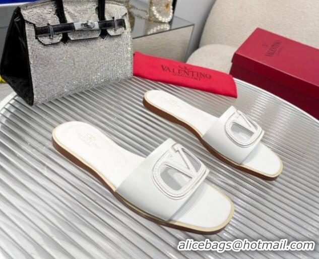 Pretty Style Valentino VLogo Cut-out Calfskin Flat Slide Sandals White 429049