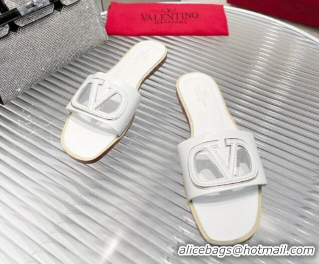 Pretty Style Valentino VLogo Cut-out Calfskin Flat Slide Sandals White 429049