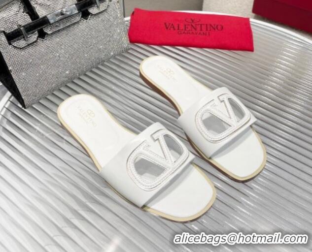 Pretty Style Valentino VLogo Cut-out Calfskin Flat Slide Sandals White 429049