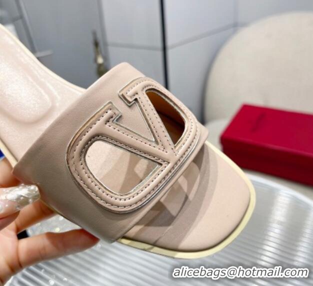 Stylish Valentino VLogo Cut-out Calfskin Flat Slide Sandals Beige 429051