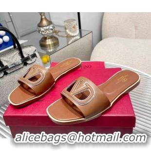 Low Cost Valentino VLogo Cut-out Calfskin Flat Slide Sandals Brown 429052