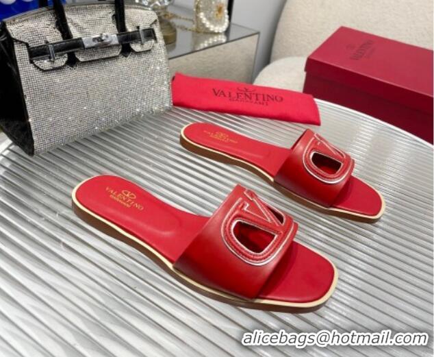 Best Price Valentino VLogo Cut-out Calfskin Flat Slide Sandals Red 429053