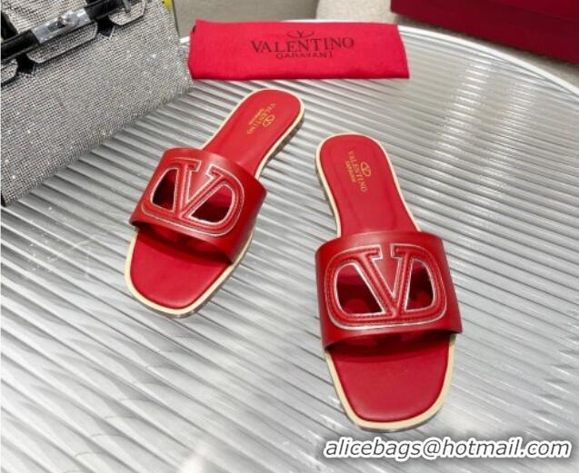 Best Price Valentino VLogo Cut-out Calfskin Flat Slide Sandals Red 429053