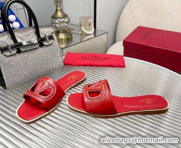 Best Price Valentino VLogo Cut-out Calfskin Flat Slide Sandals Red 429053