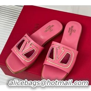 Sumptuous Valentino VLogo Cut-out Calfskin Flat Slide Sandals Dark Pink 429064