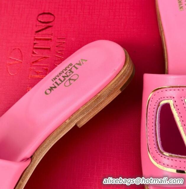 Sumptuous Valentino VLogo Cut-out Calfskin Flat Slide Sandals Dark Pink 429064