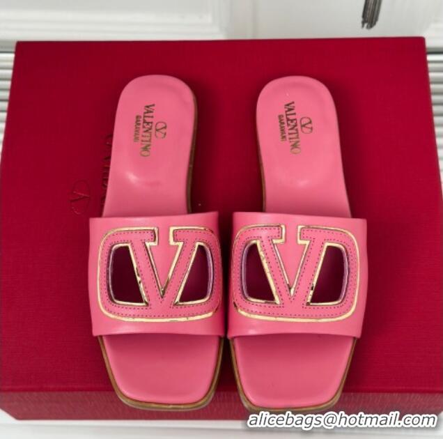 Sumptuous Valentino VLogo Cut-out Calfskin Flat Slide Sandals Dark Pink 429064