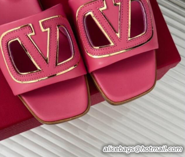 Sumptuous Valentino VLogo Cut-out Calfskin Flat Slide Sandals Dark Pink 429064