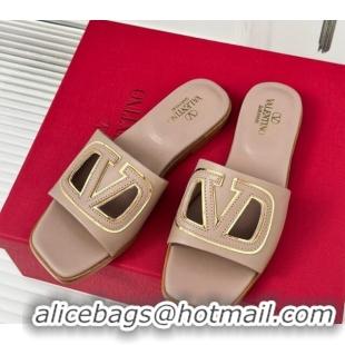 Best Grade Valentino VLogo Cut-out Calfskin Flat Slide Sandals Dark Beige 429063