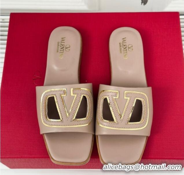 Best Grade Valentino VLogo Cut-out Calfskin Flat Slide Sandals Dark Beige 429063