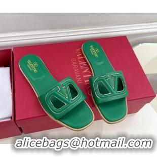 Popular Style Valentino VLogo Cut-out Calfskin Flat Slide Sandals Green 429055