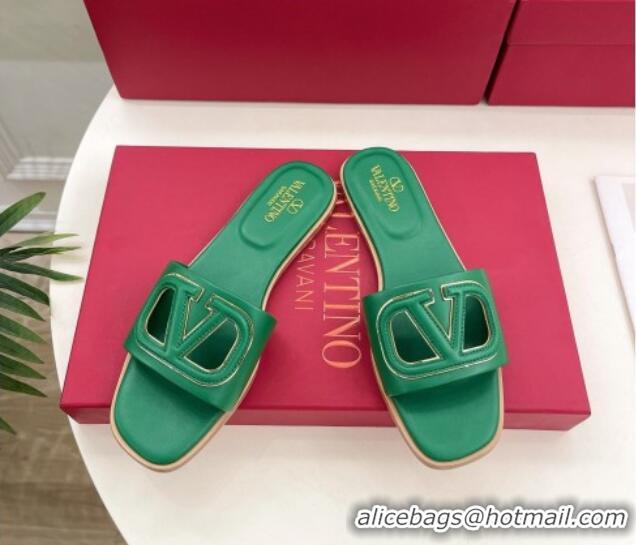 Popular Style Valentino VLogo Cut-out Calfskin Flat Slide Sandals Green 429055