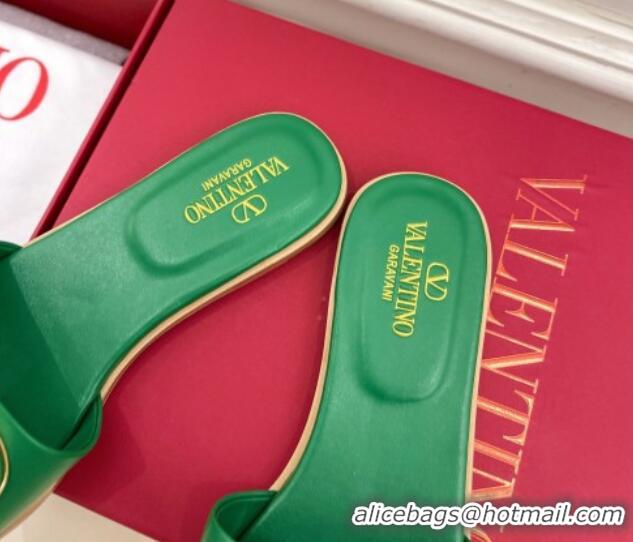 Popular Style Valentino VLogo Cut-out Calfskin Flat Slide Sandals Green 429055